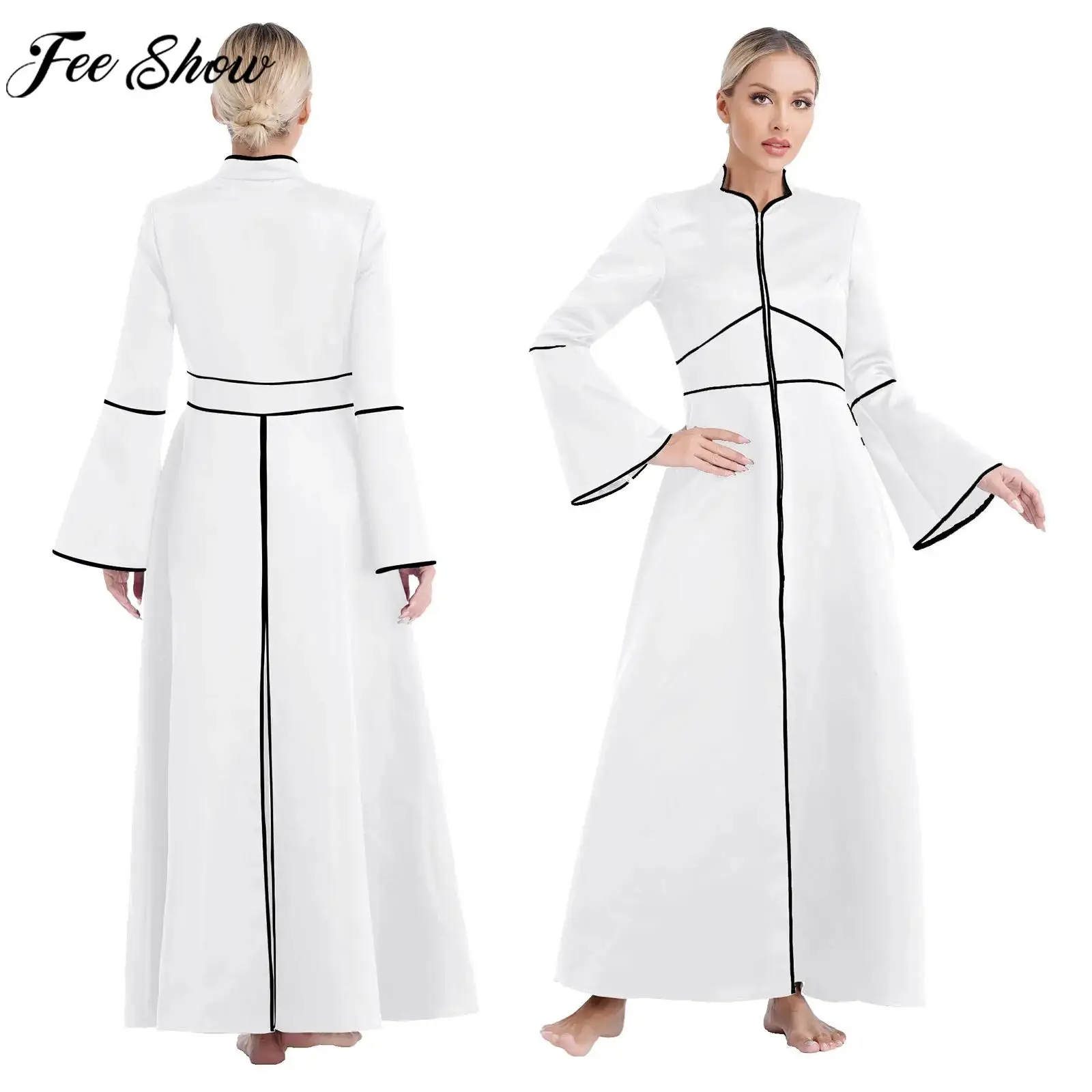 

Women Elegant Church Robe Dress Flared Sleeve Zipper Plus Size A-Line Gown for Choir Halloween Theme Party Clergy Priest Cosplay