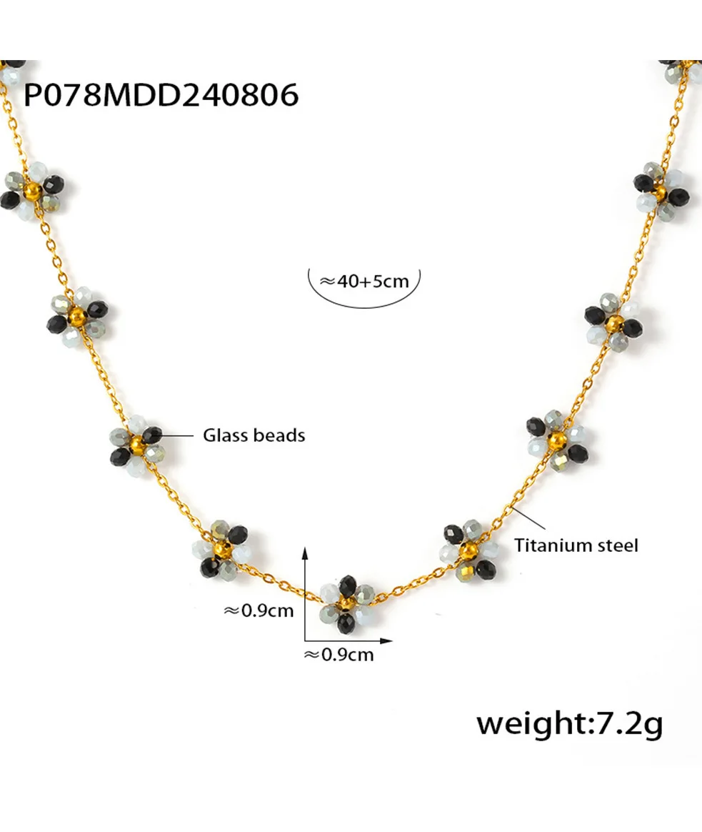 Buntes Glasstein-Perlen-Blumen-Anhänger-Halsketten-Armband-Fußkettchen-Set für Damen, Edelstahl, vergoldete Kette, Sommerschmuck – Detail 5