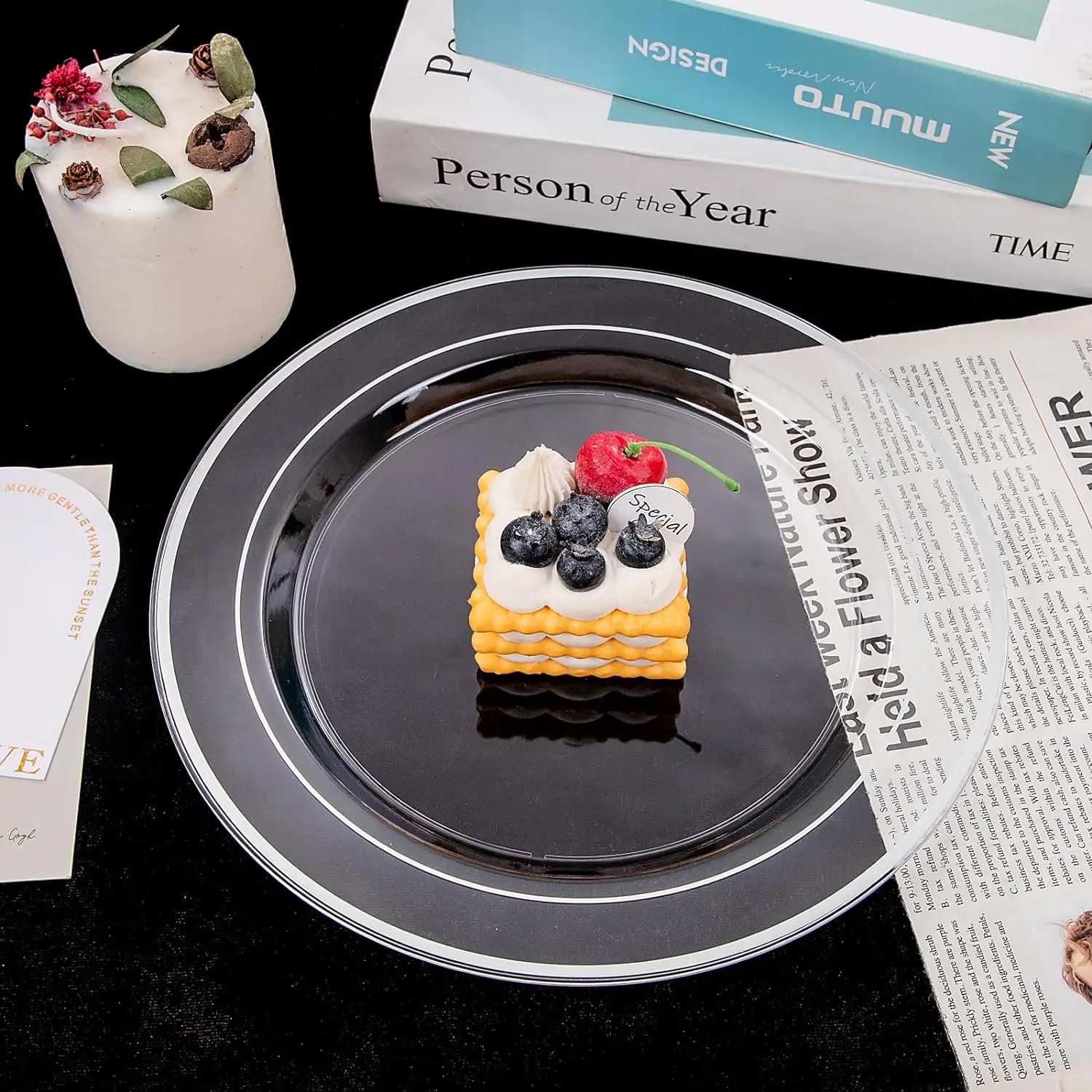 100PCS Clear Silver Plastic Plates, Clear Plates With Silver Rim 10 Inch, Dinner Plates Fancy