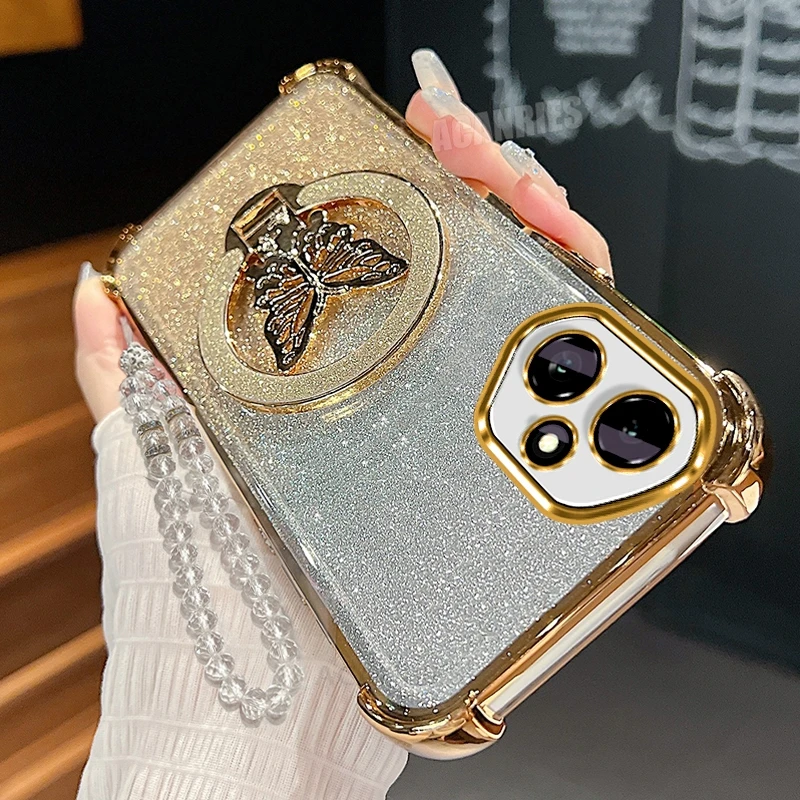 Elegant Butterfly Chain Lanyard Case - Plating Shockproof Silicone with Stand Holder