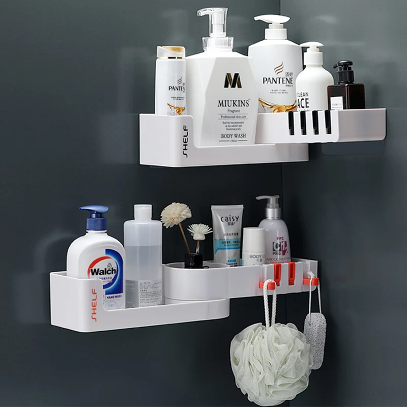 

Wall Mounted Bathroom Organizer Shelves without Drilling Wall Corner 4 Hooks Kitchen Washroom Shampoo Shower Storage Shelf Rack