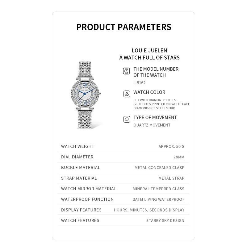 Luxury Women Watch Sky Star Set with Diamond Shells Blue Dots Printed on White Face Diamond-set Steel Strip Women Quartz Watch