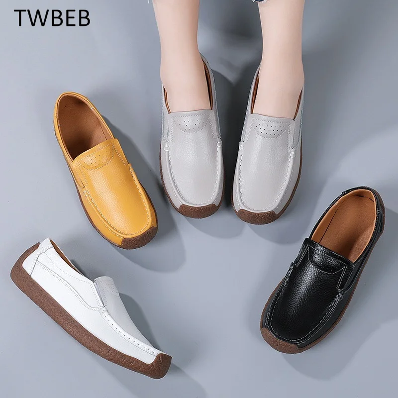 

New Genuine Leather Women's Shoes Flat Bottom Casual All-match Beanie Shoes Leather Single Shoes Shallow Mouth Women's Shoes