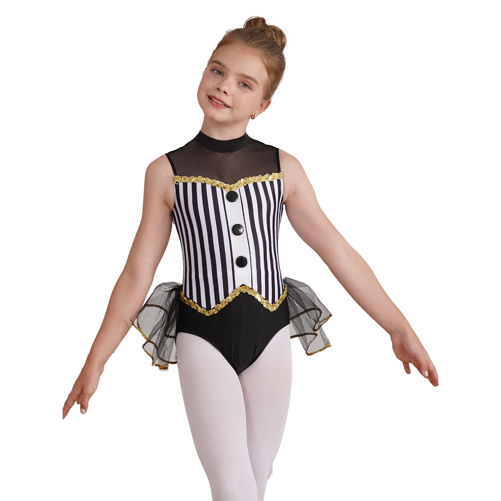 

Kids Girls Ballet Dance Halloween Performance Costume Sequins Open Back Striped Leotard with Tutu Tulle Skirted Bodysuit