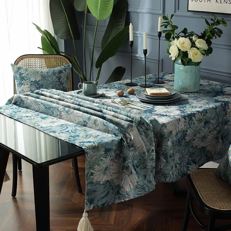 

Blue Floral Cotton Linen Tassels Jacquard Tablecloth Oil Painting Retro Pastoral Style Thick Table Cloth Bed Sofa Dust Cover