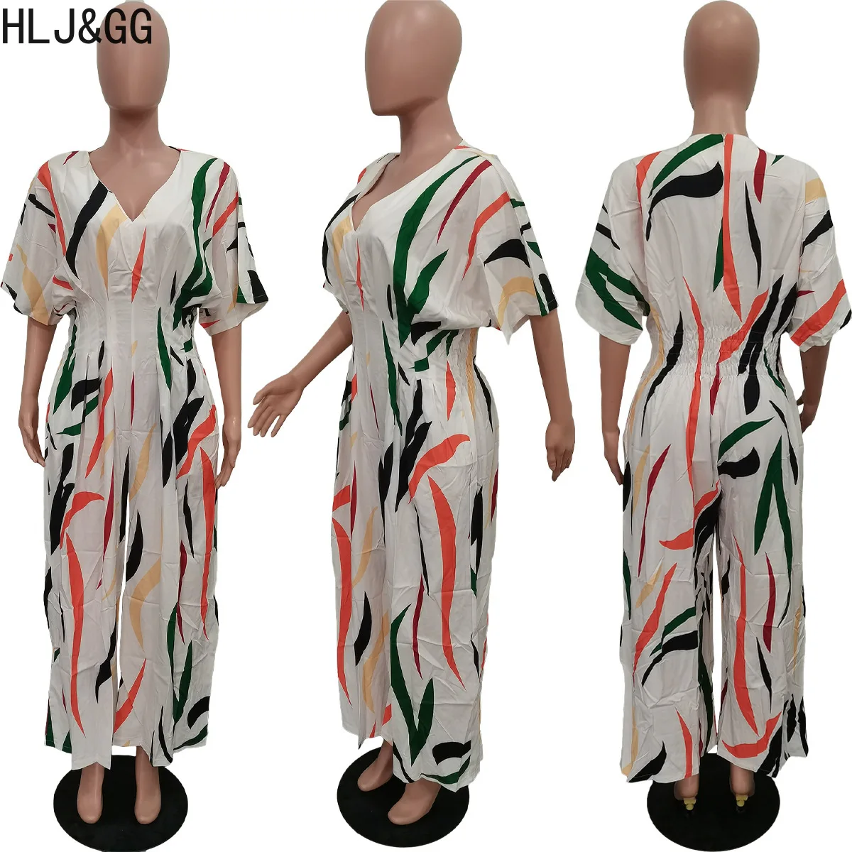 HLJ&GG Beige Casual Printint Wide Leg Pants Jumpsuits Women V Neck Short Sleeve Playsuit Elegant Lady One Piece Matching Overall