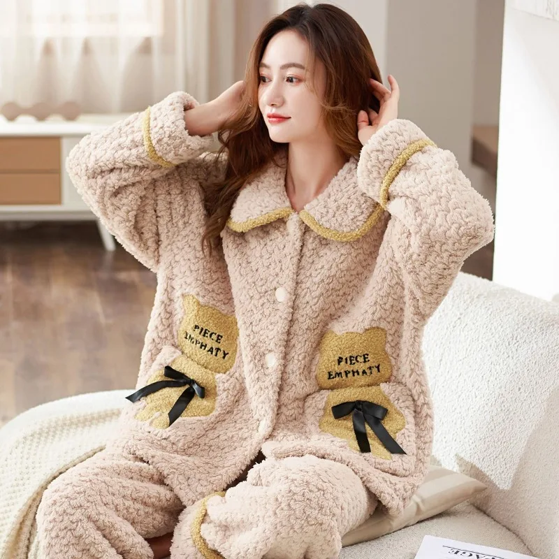 2023 New Doll Collar Pajamas Women Winter Padded Flannel Home Clothes Autumn Winter Warm Can Be Worn Outside 2020 summer women pajamas set new pink leopard pajamas korean style loose fitting home clothes two piece set can be worn outside