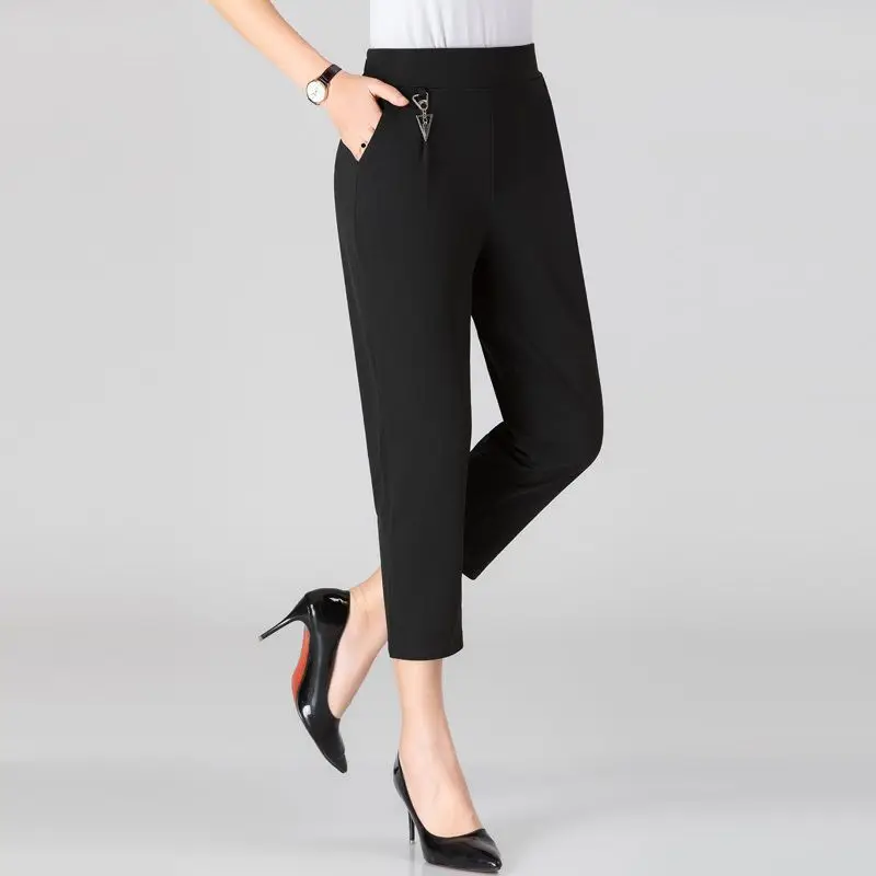Elastic Waist Leisure Large Size Thin Style Straight Cylinder Seven Points Low Key Skilled Fits Well Women's Pants 2024 Summer