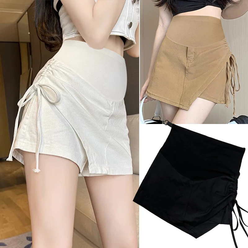 Pregnant women skirt irregular maternity belly skirts summer high waist side drawstring pleated pregnant woman empire skirts pregnancy denim