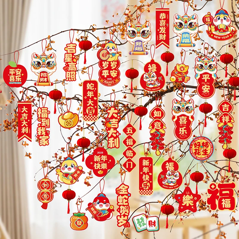 New Year Greeting Cards Cartoon Snake Blessing Pendant Gift Card Red Hanging Tags 2025 CNY Spring Festival Home Party Decor