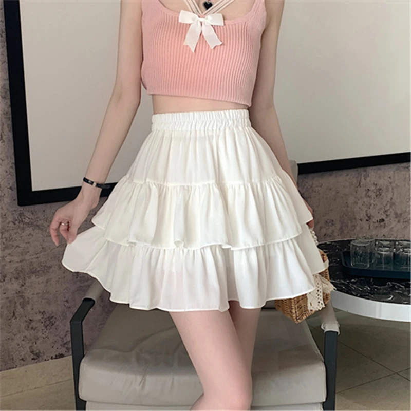 

Pleated A-line Skirt White Women Ruffles Sweet Hottie Preppy Style Elastic Elastic Waist Slim Thin SimpleCasual Summer 2024