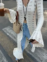 Puloru Hollowed Crochet Knit Long Cardigans for Women Ladies Autumn Chic Flare Sleeves V Neck Buttons Outwear for Streetwear 1