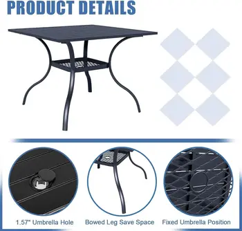 5-Piece Metal Outdoor Patio Furniture Outdoor Dining Set with Brown Umbrella, 4 Metal Swivel Chairs and Square Dining Table 3