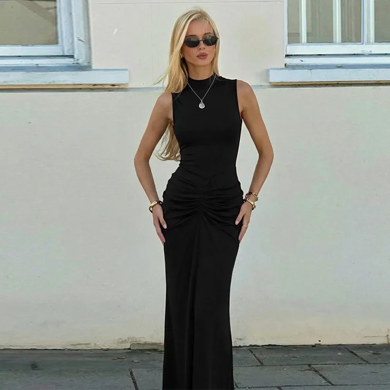 Halbhoher Kragen Ärmelloses Sexy Maxikleid Damen Abendkleid Elegant Hohe Taille Gerafftes Schlitz-Clubkleid Party Langes Tanktop-Kleid – Detail 15