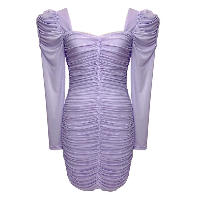 Mesh Mini Dress Women 2022 Solid Purple Pleated Design