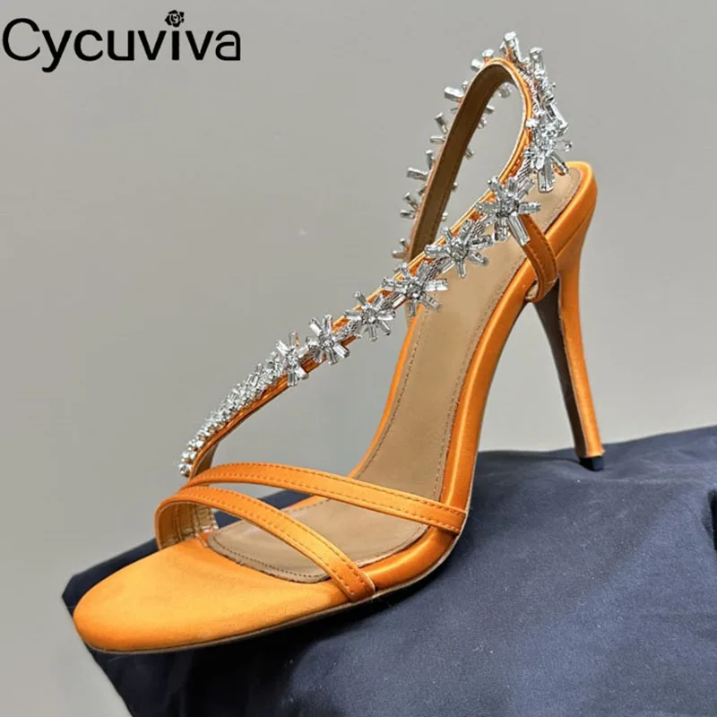 

Luxury Crystal High Heel Modern Sandals Women Runway Party Gladiator Shoes Satin Slingback Summer Sandalias Mujer Women