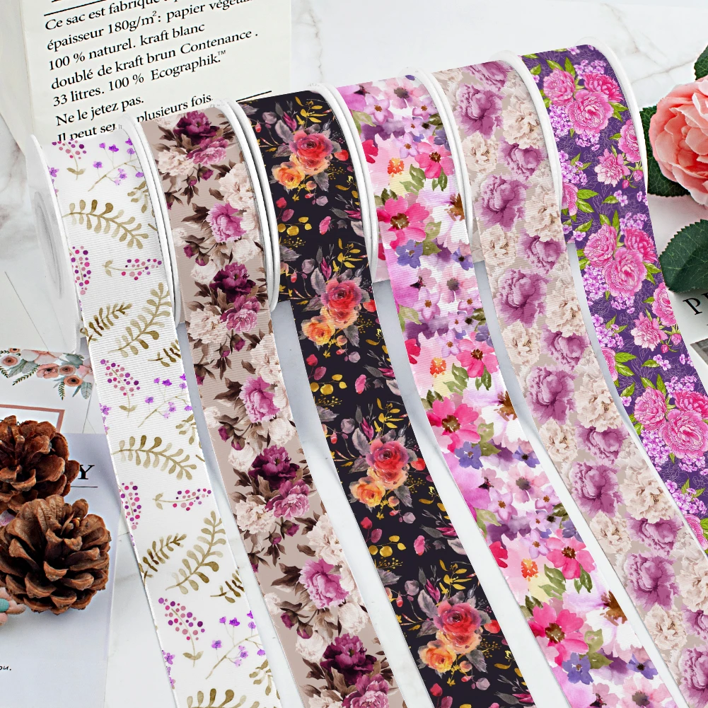 

Colorfully Flowers Pattern Printed Grosgrain Satin Ribbon for Gift Wrapping Hair Bow Craft Accessory 50 Yards