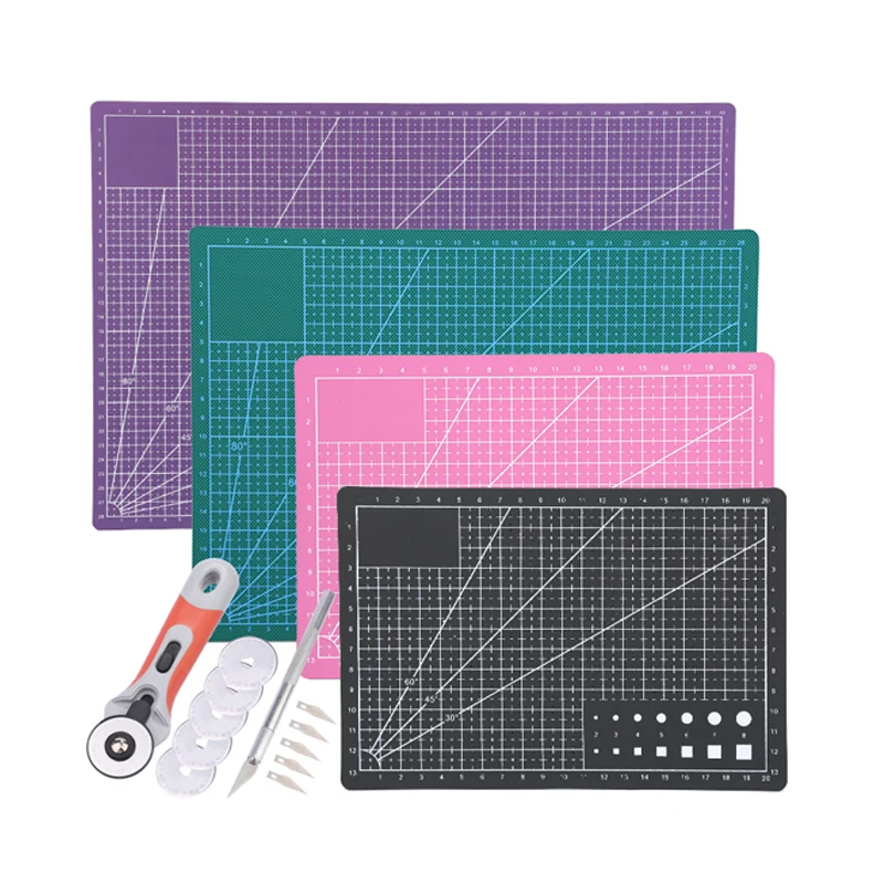 Nonvor A3 A4 A5 PVC Cutting Mat Double-sided Self-healing DIY Leather Craft Cutting Tool Set with Rotary Cutter Patchwork Ruler