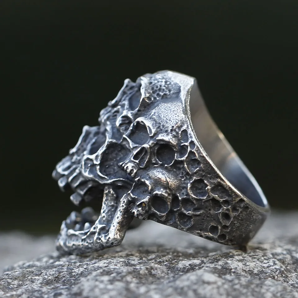HZMAN Men's Gothic Skull Ring - Stainless Steel, Red Eyes, Knights Templar Helmet Design, No Gemstone