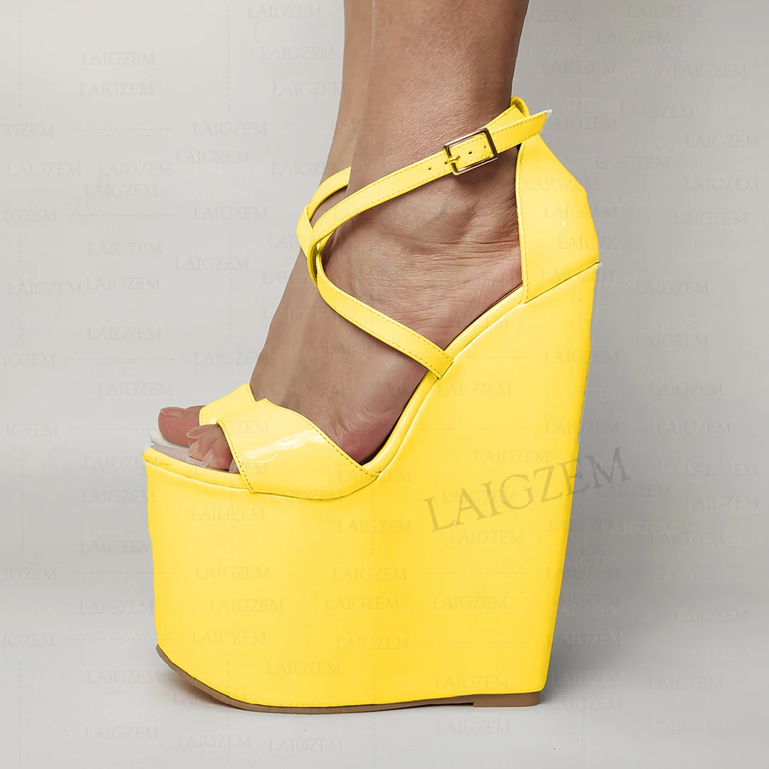 Women Sandals Platform Wedges Shiny Open Toe 20CM High Heels Pumps
