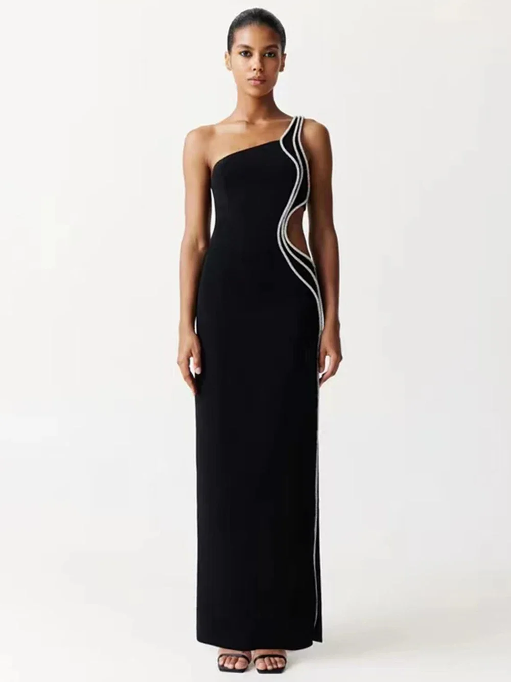2024 New Black Sexy Women's One Shoulder Sleeveless Hollow Out Diamond Edge Split Bandage Long Dress Bodycon Party Evening Dress