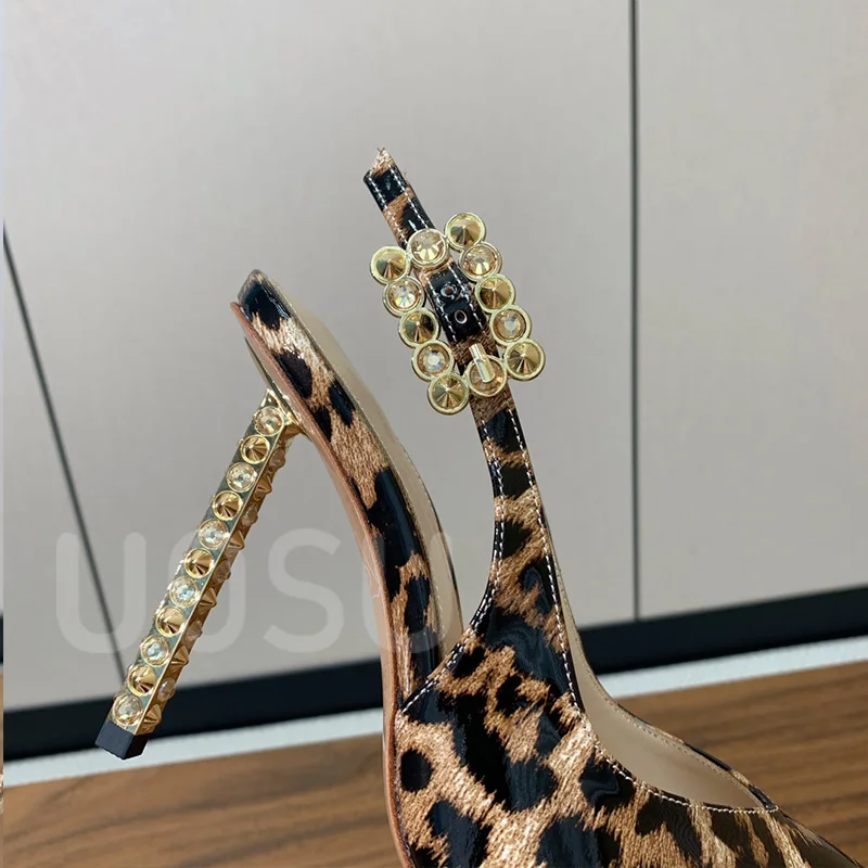 Designer Women Heels Luxury Crystal Leopard Pattern Patent Leather Side Hollow Fine Heel Ladies Shoes Ankle Strap Dress Shoes