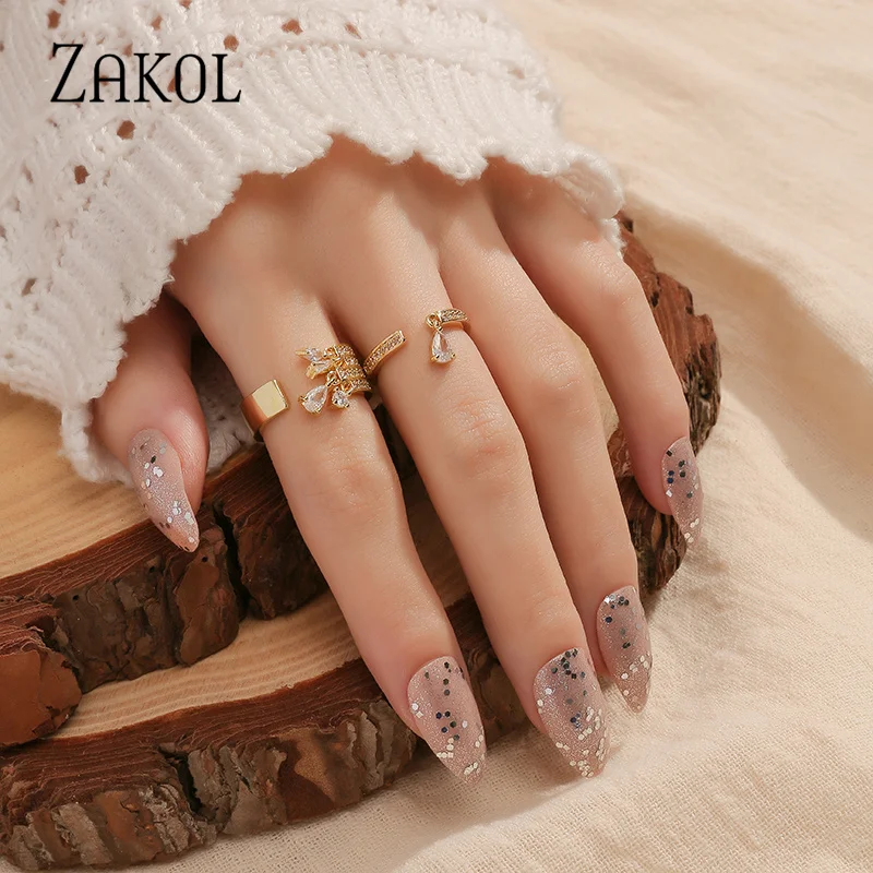 ZAKOL Korea Multilayer Zircon Open Rings for Women Fashion Water Drop CZ Leaf Shape Ring Girls Party Jewelry