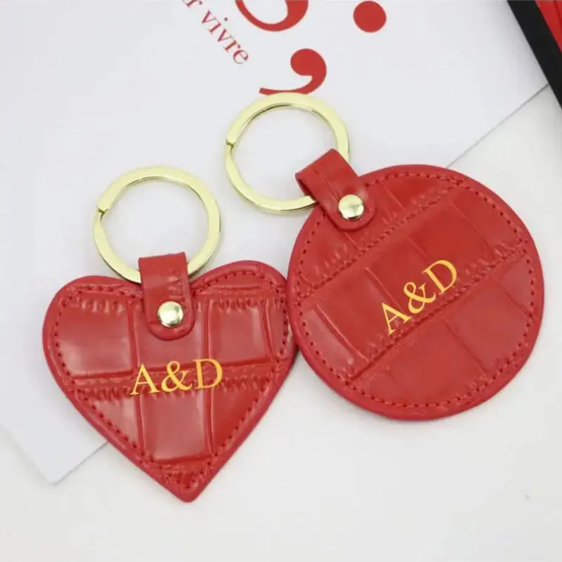 Wholesale free custom initial keychain metal ring embossed croco pattern genuine leather heart car leather keychains 2