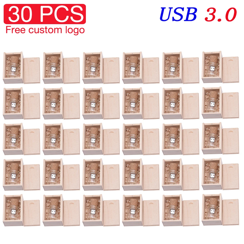 

JASTER 30 PCS LOT USB 3.0 Flash Drive 128GB Drift Bottle Free Custom Logo Memory Stick 64GB High Speed Wooden Box Pen Drive 32GB