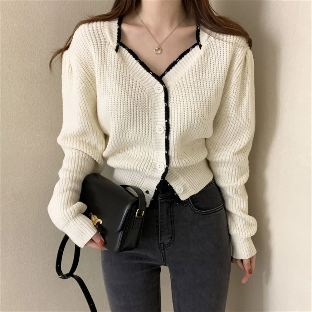 turtleneck HziriP Hot V-Neck Puff Sleeve Women Knitted Sweaters Chic All Match 2021 Office Lady Streetwear Casual High Waist Loose Coats vintage sweaters