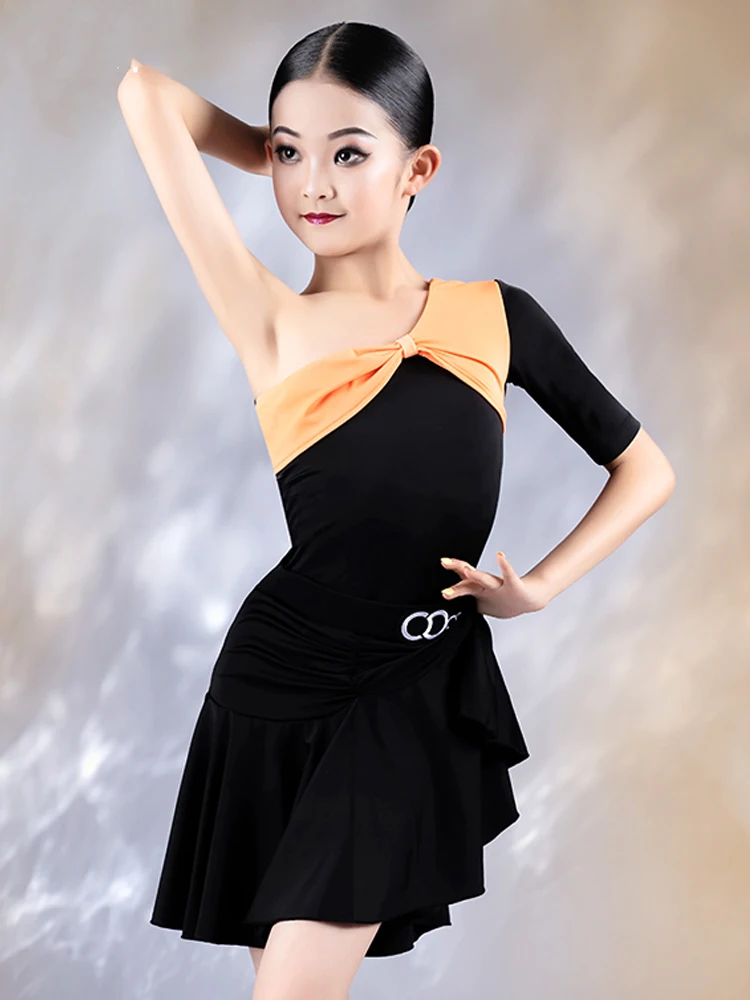 

Children Latin Dance Clothes Slant Shoulder One-Sleeve Practice Dress For Girls Costume Cha Cha Rumba Ballroom Dance Dress 11251