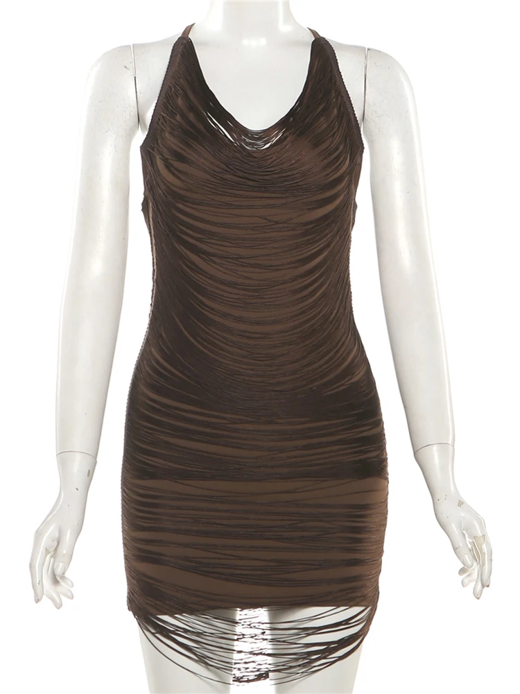 Nibber Chic Tassel Swing Collar Dress Women Sexy Halter Backless Sleeveless Skinny Midnight Street Club Basic Wild Mini Bodycon