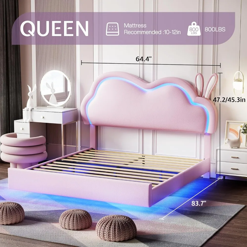 LED Queen Bed Frame for Girls Upholstered Floating Bed with Cute Cloud Headboard, No Box Spring Needed, Leather, Pink 2