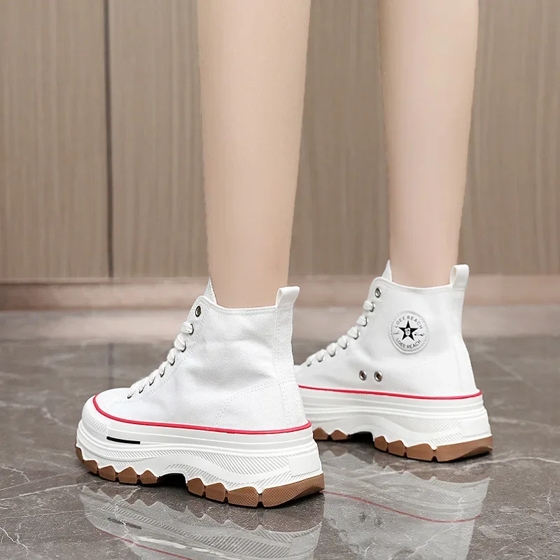 2024 Spring autumn Female Women High Top Sneakers Lace-Up Casual Plarform Height Canvas Non-slip Wear Resistant Vulcanize Shoes 2