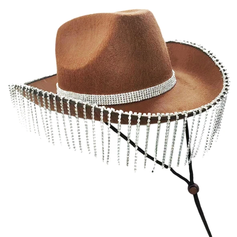 

Rhinestones Cowgirl Hats Glitter Rave Cow Girl Hat with Rhinestones Fringe Adult Size Cowboy Hat for Party T8NB