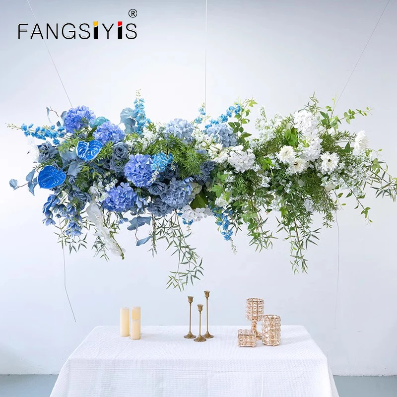 

luxury blue white flower Ceiling flower Row Stage Wedding Backdrop Arch Frame Decor hanging Hang Arrangement Floral decor prop