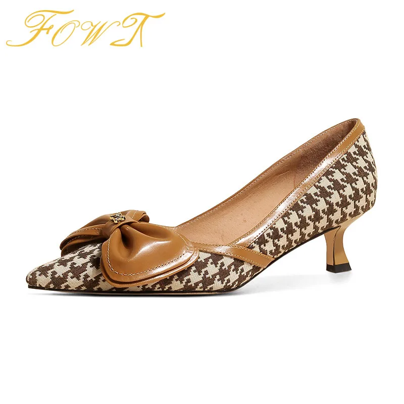 

Sweet Butterfly Knot Mid Kitten Heel Pumps Woman 2022 New Pointed Toe Ladies Handmade Plaid Patchwork Genuine Leather Heels 39