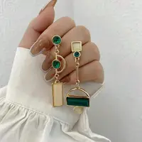 Gold-Toned Asymmetrical Resin Stone Drop Earrings with Green Beads and Geometric Design 4