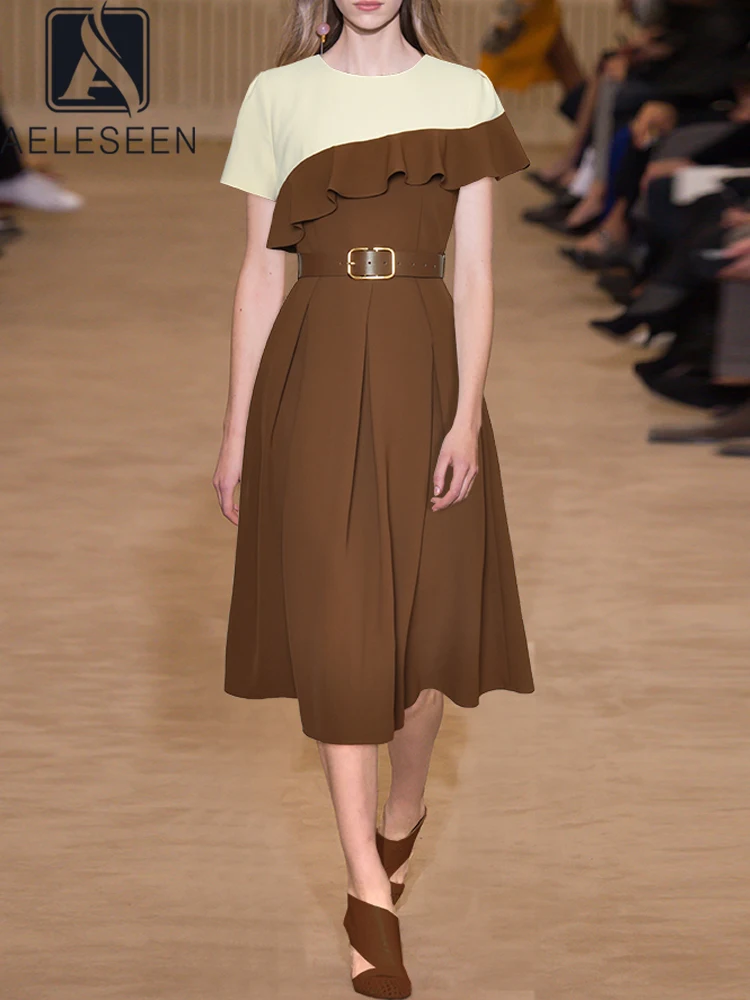 

AELESEEN Designer Fashion Midi Dress Woemn Summer Contrast Color Patchwork Ruffles Belt Elegant Office Ladies High Quality