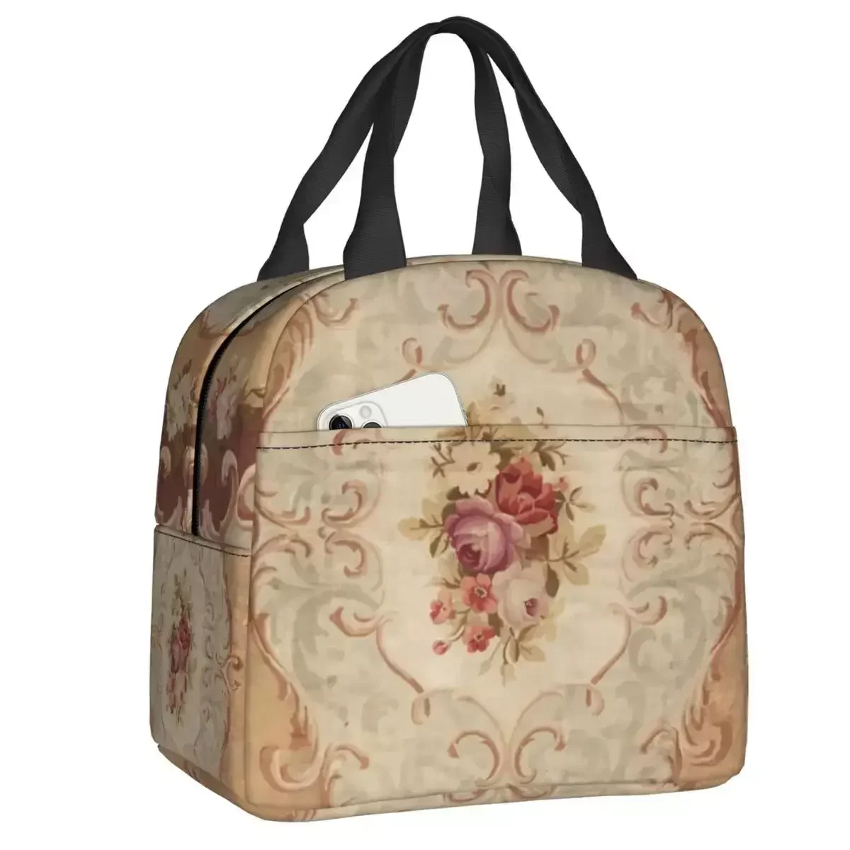 

Antique Rose Floral French Aubusson Rug Print Insulated Lunch Bags Work School Portable Thermal Cooler Lunch Box Women Children