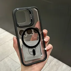 Clear Magnetic Phone Case with Camera Lens Protector and Stand - iPhone 13 Pro Max (Black)