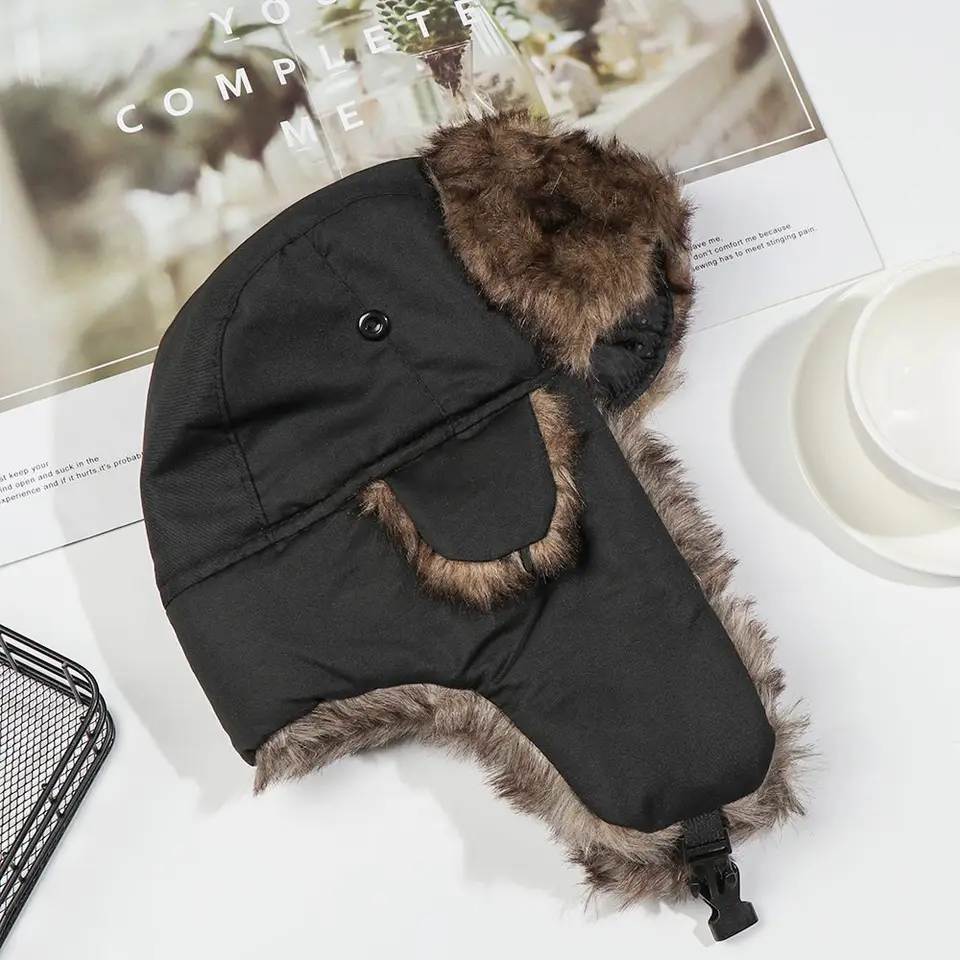 Ushanka Cappello Invernale In Pelliccia Di Coniglio Nero Stile Sovietico Con Paraorecchie
