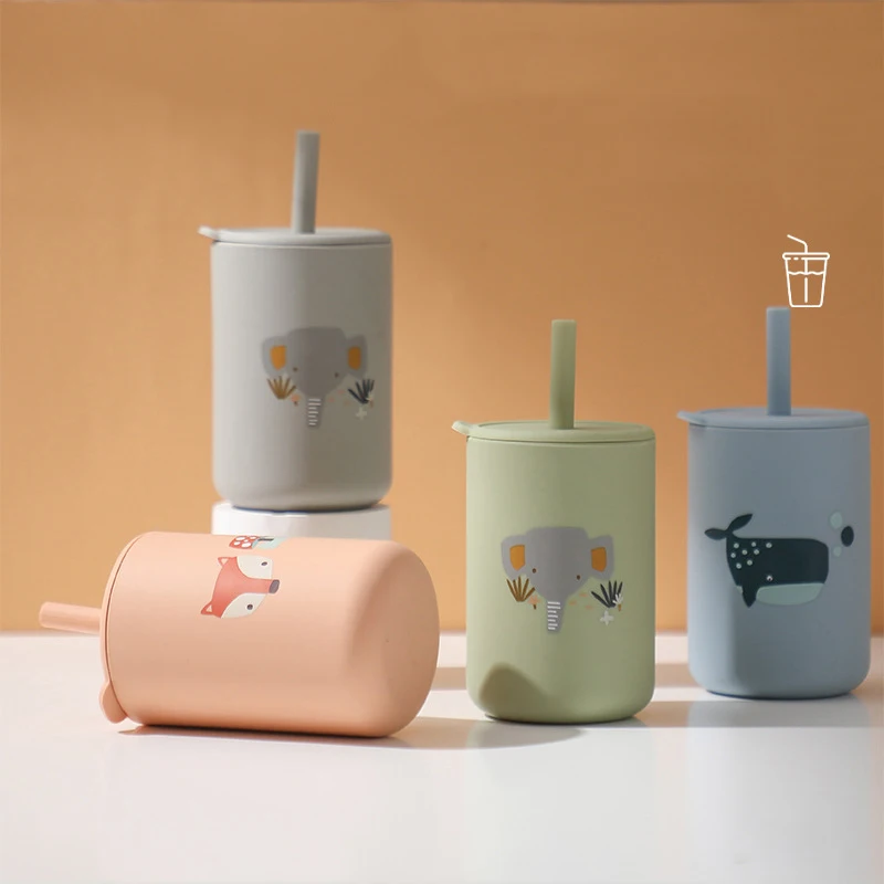

1Pc Baby Feeding Straw Cup Baby Cartoon Learning Feeding Cup Food Grade Silicone Toddler Water Bottle Tableware Feeding Cup