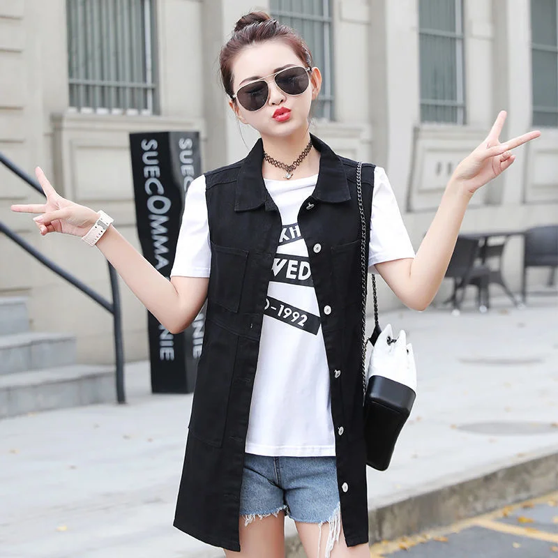 2022 New Denim Vest Women Spring Autumn Sleeveless Mid-Length Jean Cardigan Coat Female Jeans Waistcoat Casual Outerwear Tops long down coat womens