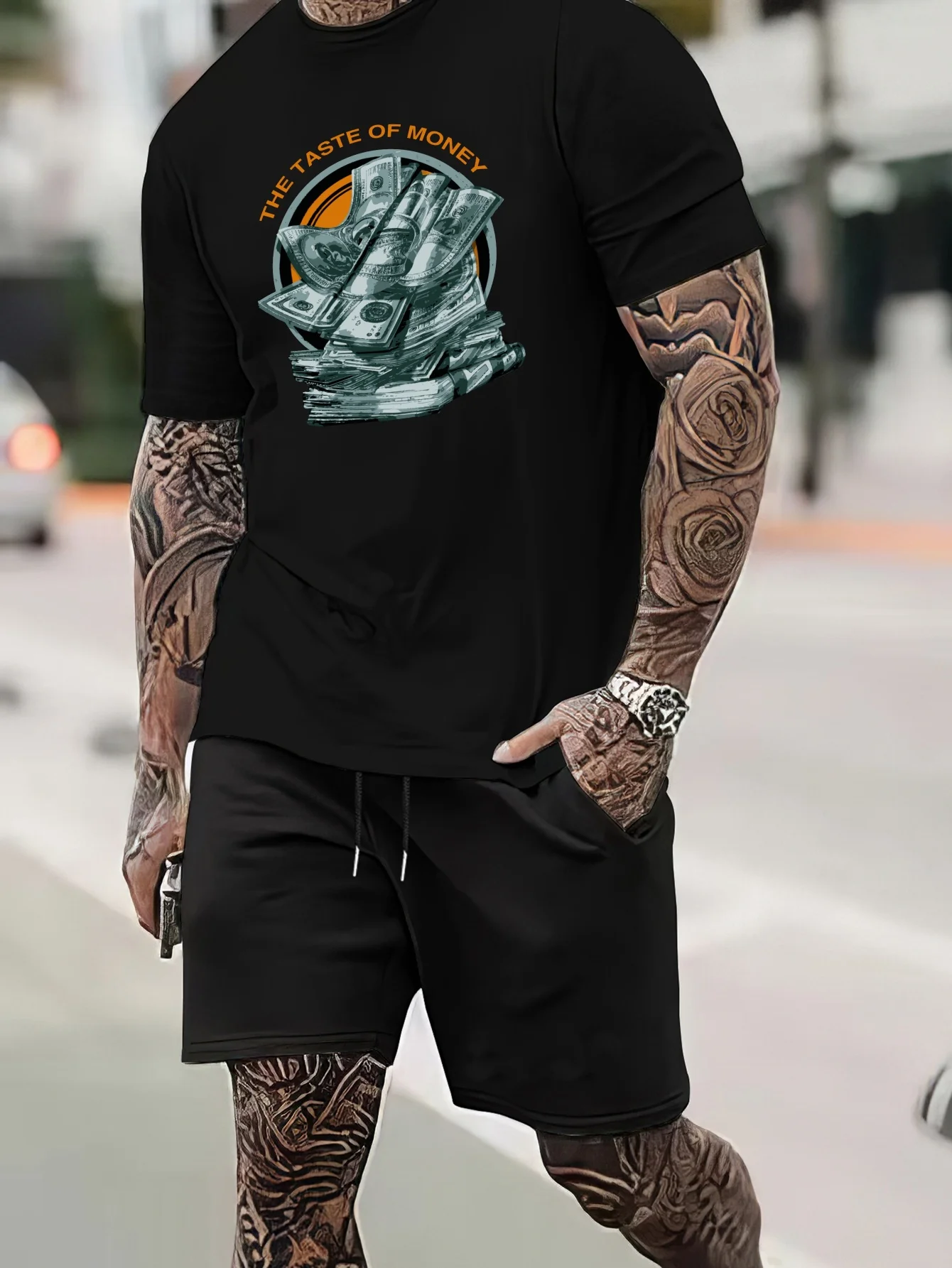 thumbnail image 1 of Conjunto de camiseta y pantalones cortos de manga corta con estampado 3D de oración y huella de mano para hombre, estilo informal de verano para exteriores, 1 of 5
