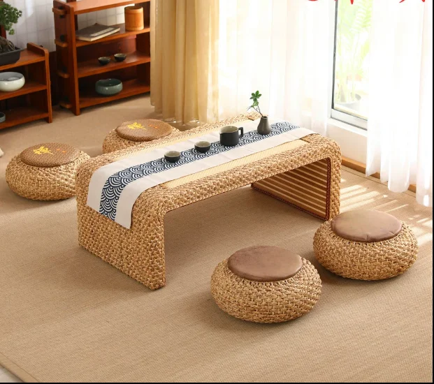 

Vine weave Japanese Zen style tatami rice tea table with floating window tea table, collapse rice balcony window sill, small low
