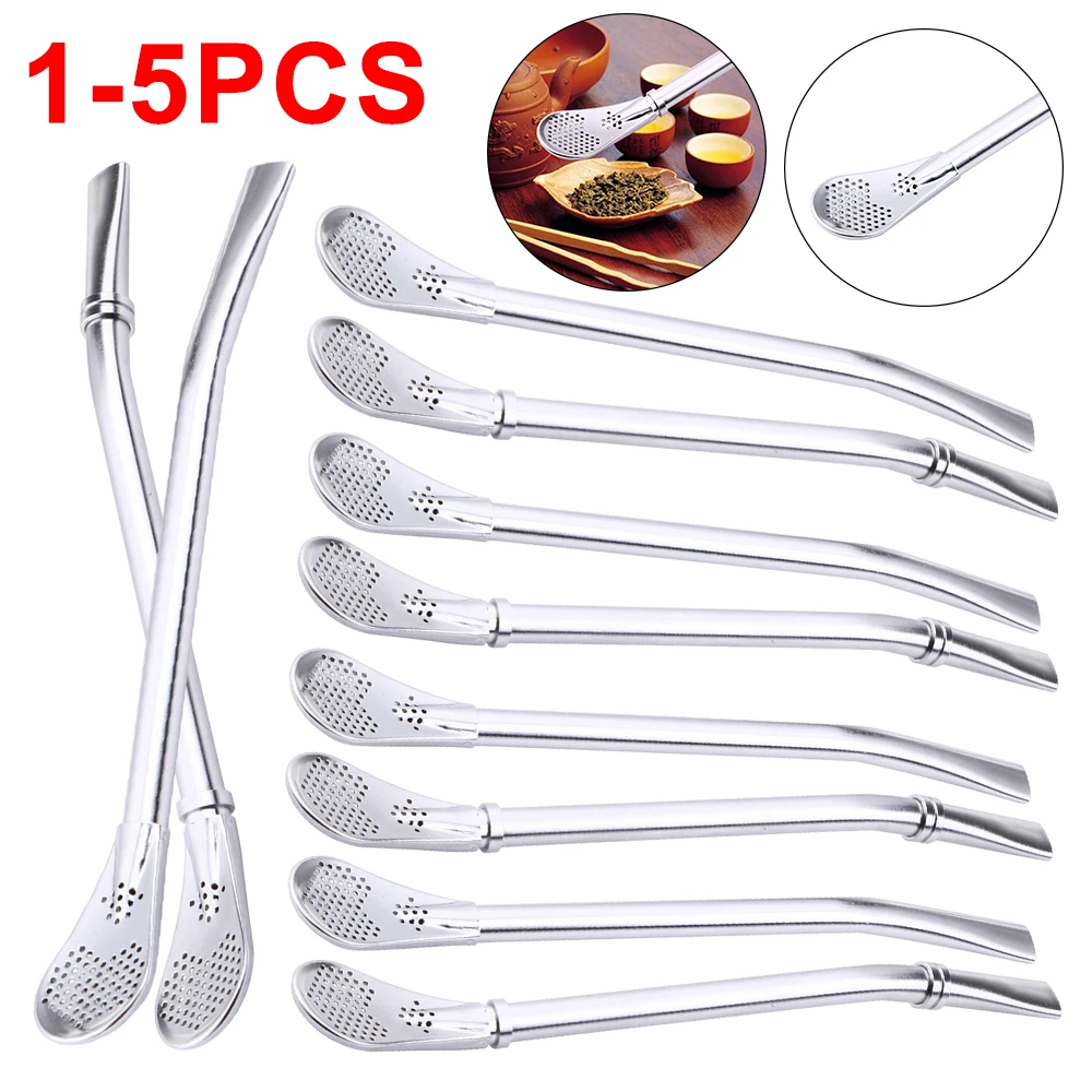 1-5PC Drinking Straw Filter Handmade Stainless Steel Drinking Straw Spoon Tea Filter Tea Straws Reusable Spoon Bar Accessory