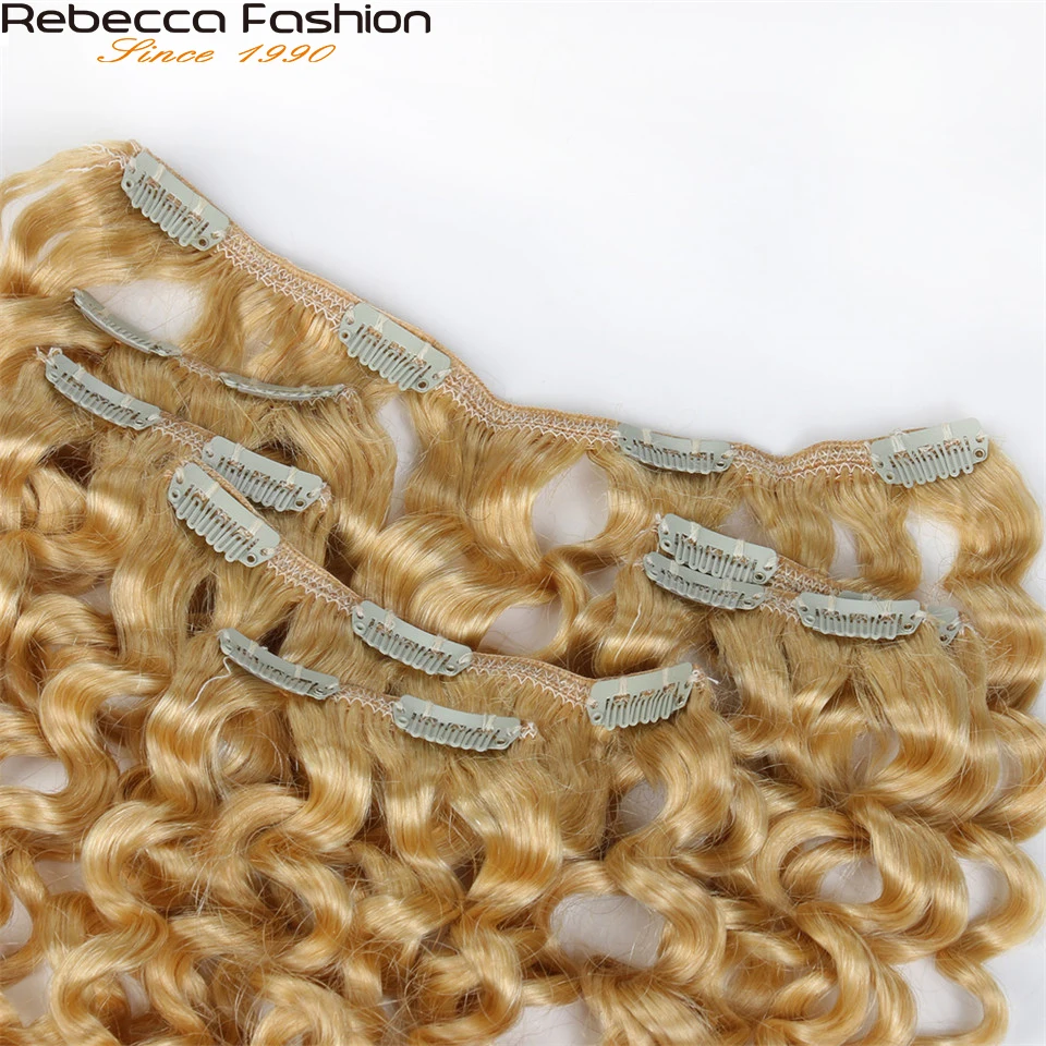 Rebecca Hair 7Pcs/Set 120g Jerry Curly Remy Clip In Human Hair Extensions Full Head 12-24 Inch Color #1B #613 #27/613 #6/613