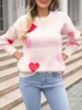 Women s Heart Print Sweaters Long Sleeve Round Neck Loose Pullovers Valentine’s Day Knit Tops 1