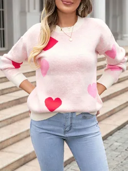 Women s Heart Print Sweaters Long Sleeve Round Neck Loose Pullovers Valentine’s Day Knit Tops 1